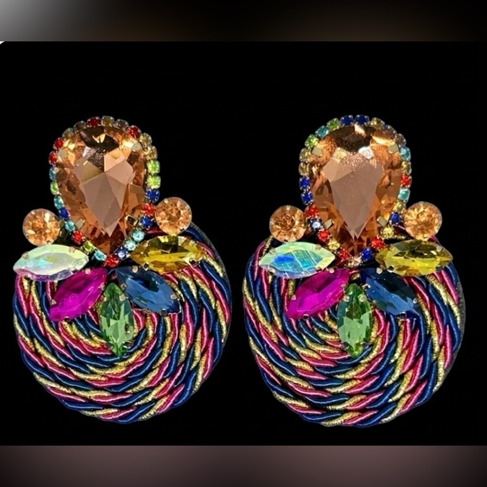 Bold MultiColor Rhinestones & Rope Dangle Earrings - Post Back - Picture 2 of 7